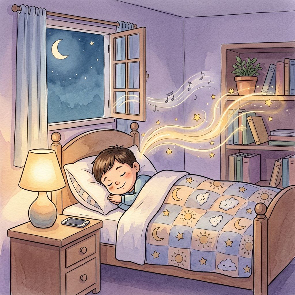 A sleeping child with a darkened phone face-down on the nightstand as magical wisps and stars rise