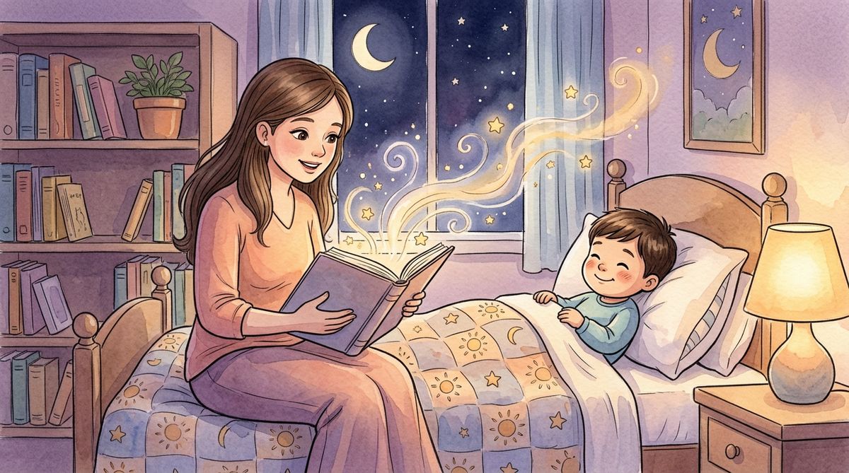 A parent and child sharing a magical storybook at bedtime