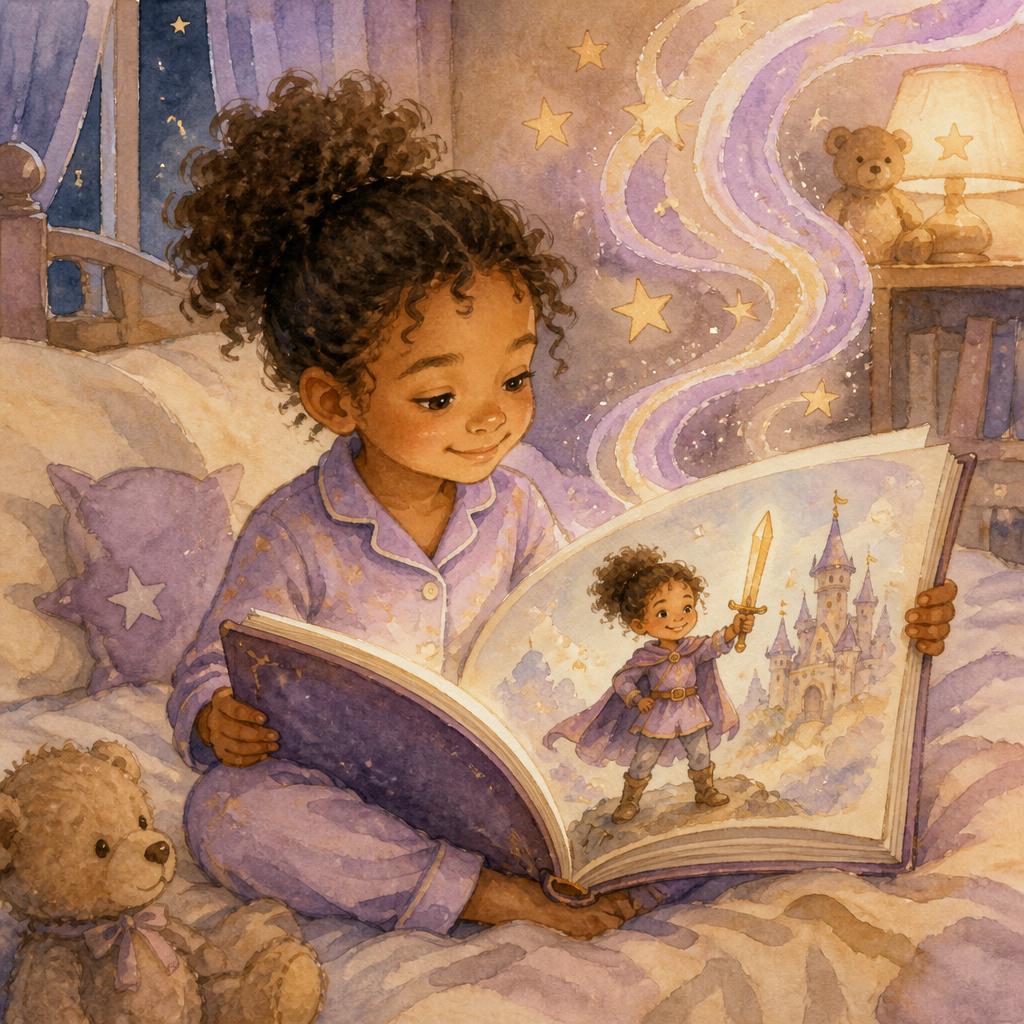 A child in pyjamas reading a storybook whose pages show a watercolour illustration of them as the hero