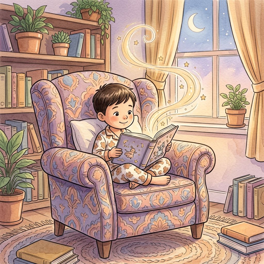 A child cosy in an armchair reading their own storybook