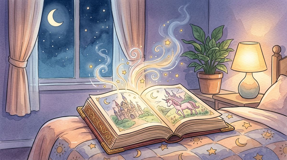 An open storybook glowing with magical wisps