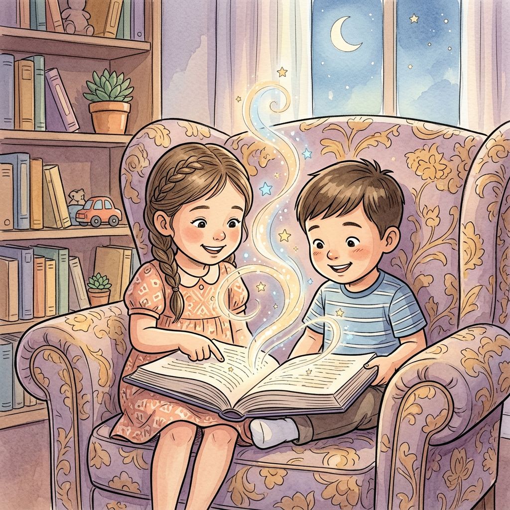 Two children sharing a magical storybook together